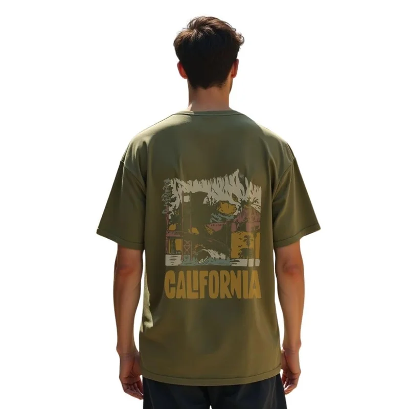 NOBERO Men's Olive Green Oversized Graphic T-Shirt