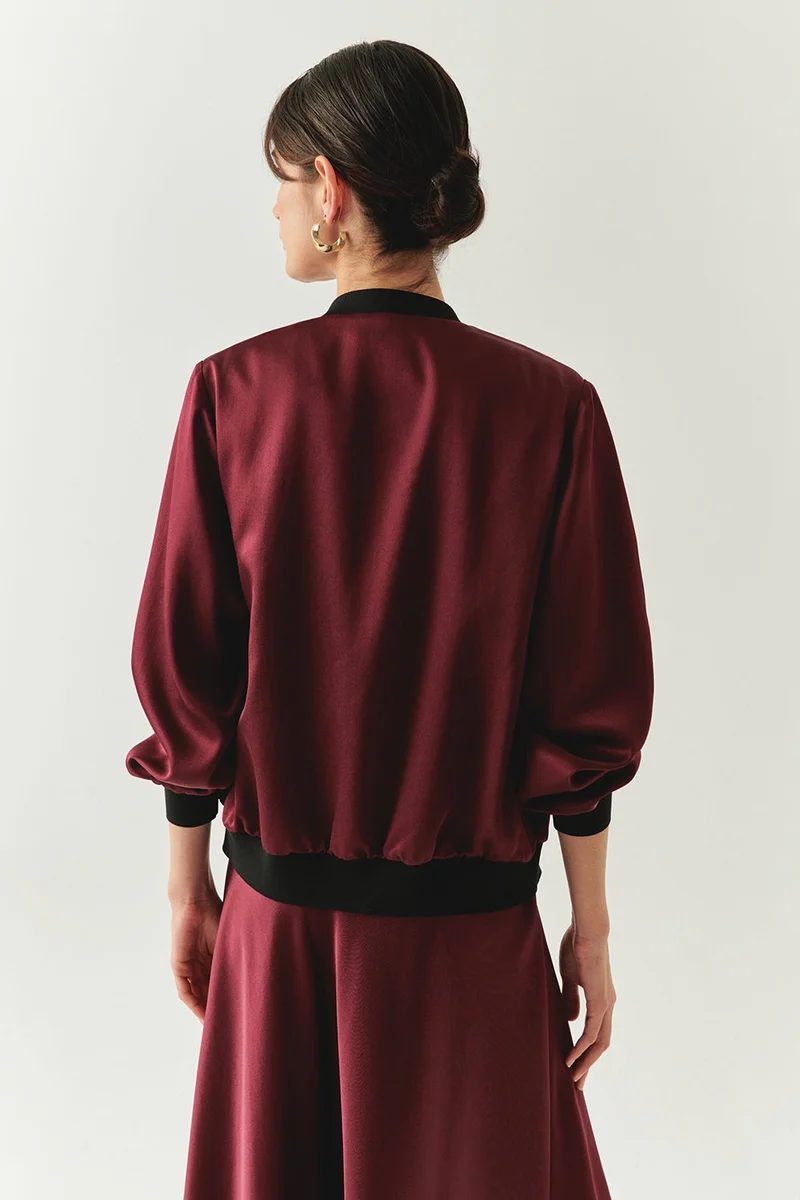 EXQUISE Bicycle Collar Pocketed Satin Finish Regular Zip-Up Cherry Red Jacket