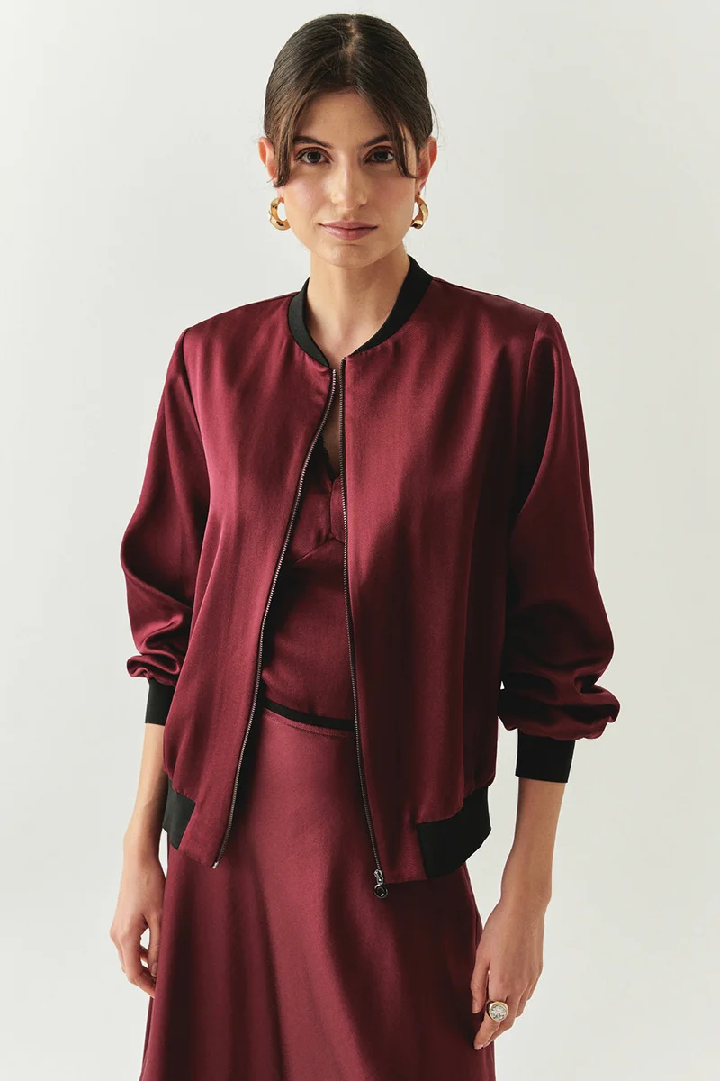 EXQUISE Bicycle Collar Pocketed Satin Finish Regular Zip-Up Cherry Red Jacket