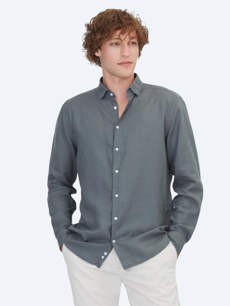 Kip Petrol Blue Plain Regular Fit Long Weaving Casual Cotton Blended Shirt