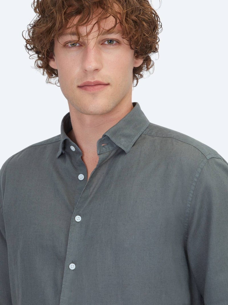 Kip Petrol Blue Plain Regular Fit Long Weaving Casual Cotton Blended Shirt - Image 4
