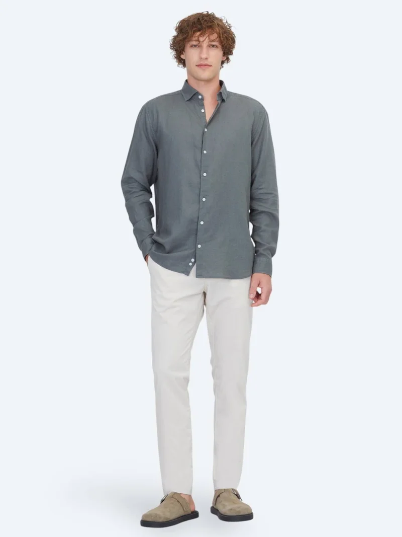 Kip Petrol Blue Plain Regular Fit Long Weaving Casual Cotton Blended Shirt