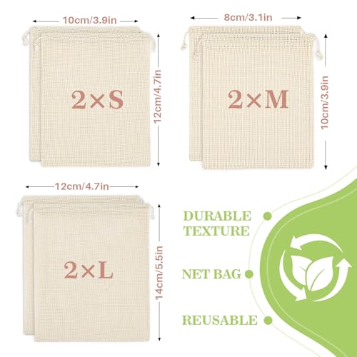 MAQIHAN 6 Pack Reusable Produce Bags Cotton Mesh Produce Bags Mesh Storage Produce Bags Reusable Durable Double Stitched With Drawstring Produce Bag For Vegetables,Fruit & Grocery Shopping (2L,2M,2S) - Image 2