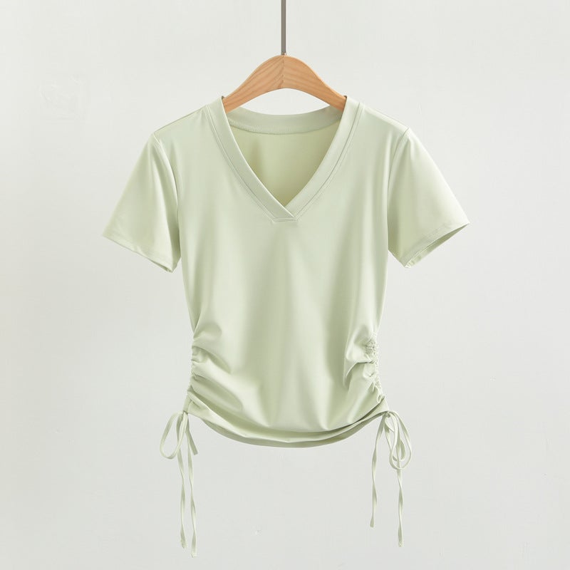 Generic Yoga Clothing Womens Summer Sports Top Slim-fit T-shirt V-neck Pleated Waist Short-sleeved Pilates Training Fitness Clothing Light green