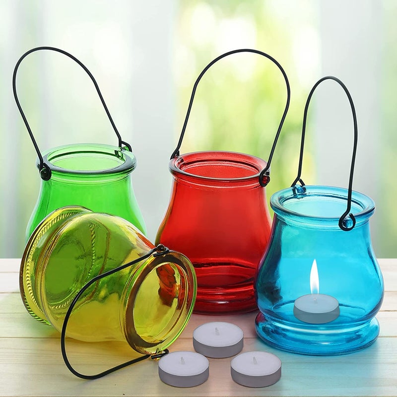 Sri Sai Tradelink Hanging Tea Light Candle Holders 4 Pcs Holders with CandlesMulticolored Glass Votive Lanterns with Handles for Home Decoration Dining Indoor Outdoor Parties