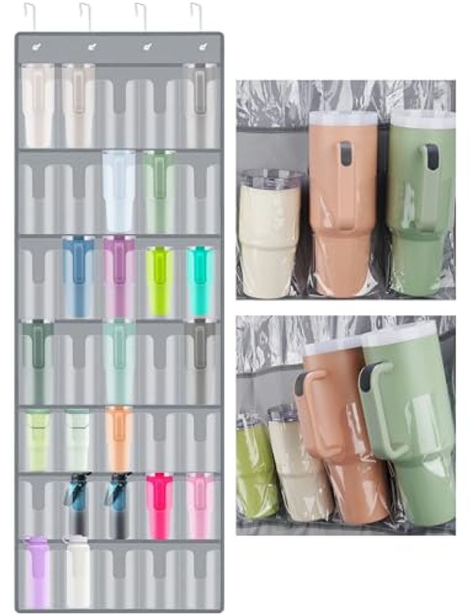 NiHome 35 Pockets Door Hanging Organizer for Large Stanley 30oz 40oz Tumblers with Handles, Deep Clear Pockets with Handle Slots, Waterproof Oxford Fabric for Kitchen, Cabinet, Pantry, Closet (Gray)