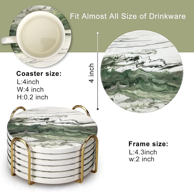 Dksyee 6 Pcs Green Ceramic Coasters with Holder Round Cool Drink Best Modern Absorbent Coaster Set for Coffee Table, Art Decorative Coasters, Bar, Farmhouse, Outdoor Cup Coaster Gifts - Image 2