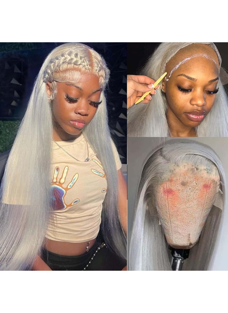 Licoville - Grey Lace Front Human Hair Wig 13x4 Silver Grey Lace Front Wigs Human Hair 24 Inch 180% Density Glueless Transparent HD Lace Frontal Wig Free Part Straight Silver Grey Wigs for Women Pre Plucked - Image 1