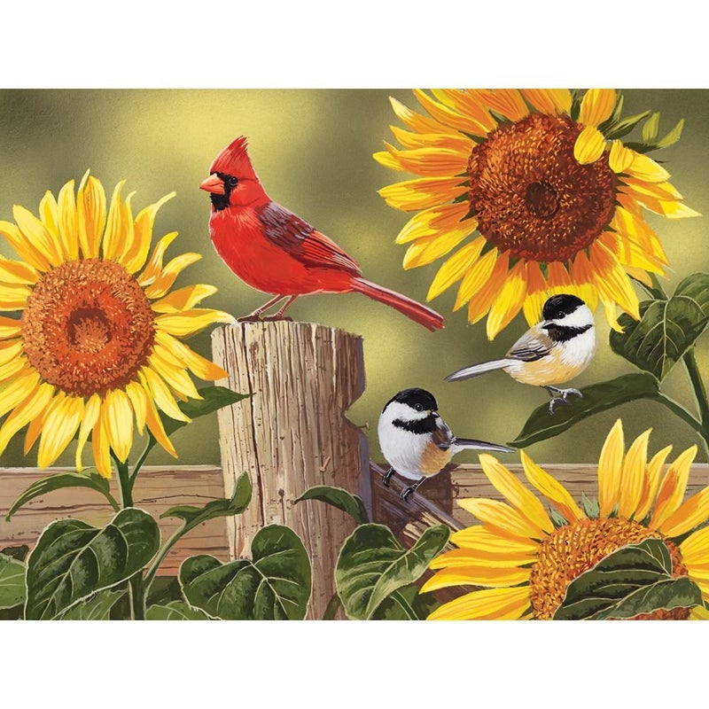 Bits and Pieces â€“ 500 Piece Jigsaw Puzzle for Adults â€“ Sunflower and Songbirds - Cardinal Jigsaw Puzzle by Artist William Vanderdasson, Completed Puzzle Size: 18" x 24" - Image 1