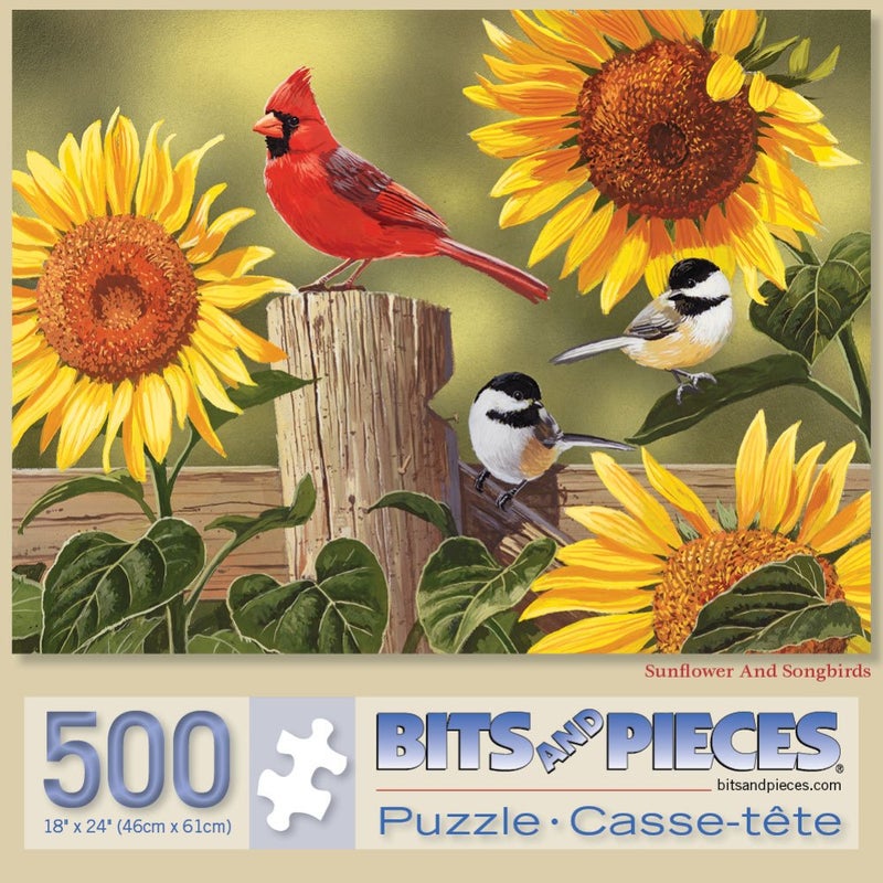Bits and Pieces â€“ 500 Piece Jigsaw Puzzle for Adults â€“ Sunflower and Songbirds - Cardinal Jigsaw Puzzle by Artist William Vanderdasson, Completed Puzzle Size: 18" x 24" - Image 2