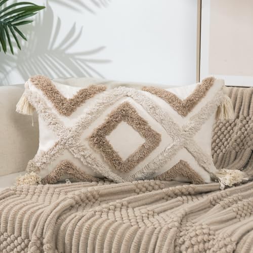 RinRinfam Boho Tufted Lumbar Throw Pillow Cover 12x 20 with Tassels, Modern Geometric Farmhouse Neutral Pillow Cushion Cases, Decorative Pillows for Bed, Outdoor Couch Bedroom Car Cream Khaki - Image 1