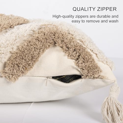 RinRinfam Boho Tufted Lumbar Throw Pillow Cover 12x 20 with Tassels, Modern Geometric Farmhouse Neutral Pillow Cushion Cases, Decorative Pillows for Bed, Outdoor Couch Bedroom Car Cream Khaki - Image 4