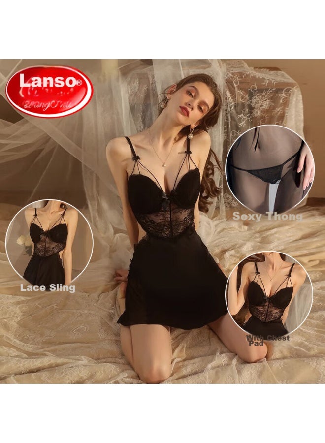 LANG SHA Langsha Sleepwear Nightgown For Women Lace With Built-in Bra Pads, Autumn Season, Push-up, Backless, Solid Color, Spaghetti Strap Nightdress, Loungewear - Image 1