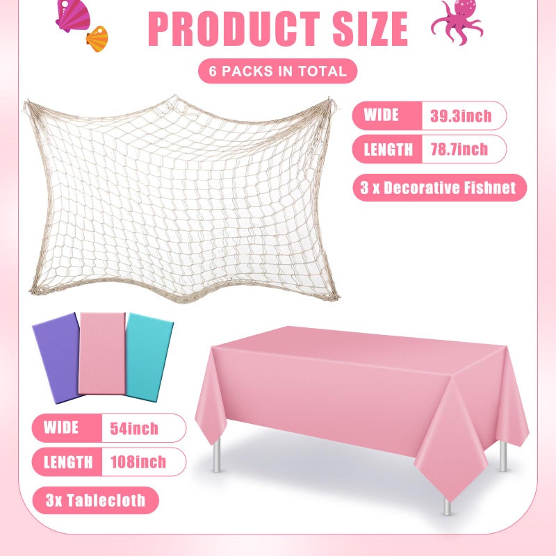 Unittype 6 Pcs Fish Net Decorative and Tablecloth Set, Cotton Fishnet and Plastic Table Cover Decorations Set for Nautical Themed Party Baby Shower Pirate Decorations Mermaid Party(Fresh Color) - Image 2