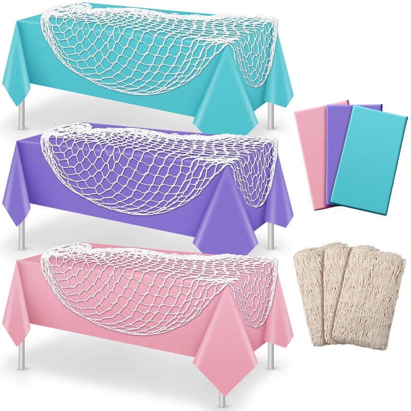 Unittype 6 Pcs Fish Net Decorative and Tablecloth Set, Cotton Fishnet and Plastic Table Cover Decorations Set for Nautical Themed Party Baby Shower Pirate Decorations Mermaid Party(Fresh Color) - Image 1