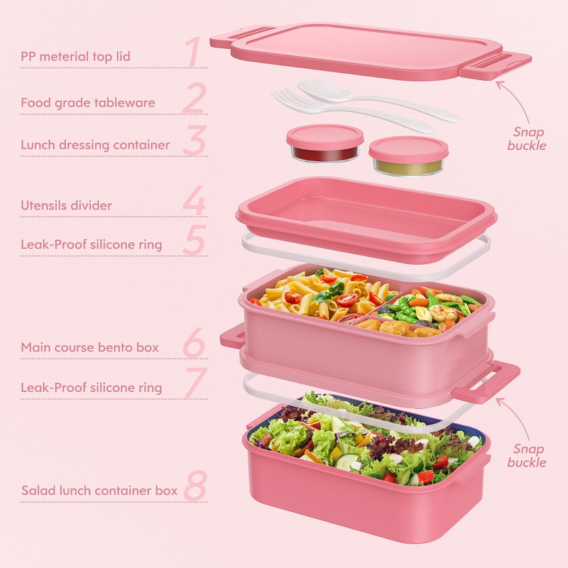 Jelife Bento Lunch Box For Adults - 3 Layers Leak-Proof Stackable Bento Box For Adults  72Oz Large-Style All-In-One Adult Lunchbox Bento Box With Utensil Accessories For Dining Out Work  Pink - Image 3