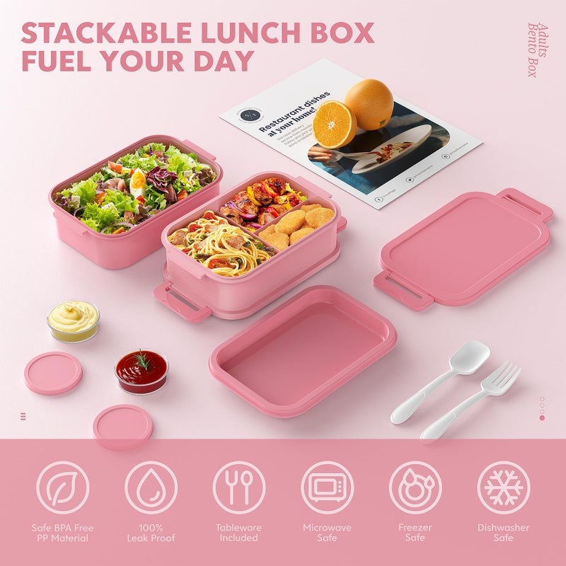Jelife Bento Lunch Box For Adults - 3 Layers Leak-Proof Stackable Bento Box For Adults  72Oz Large-Style All-In-One Adult Lunchbox Bento Box With Utensil Accessories For Dining Out Work  Pink - Image 2