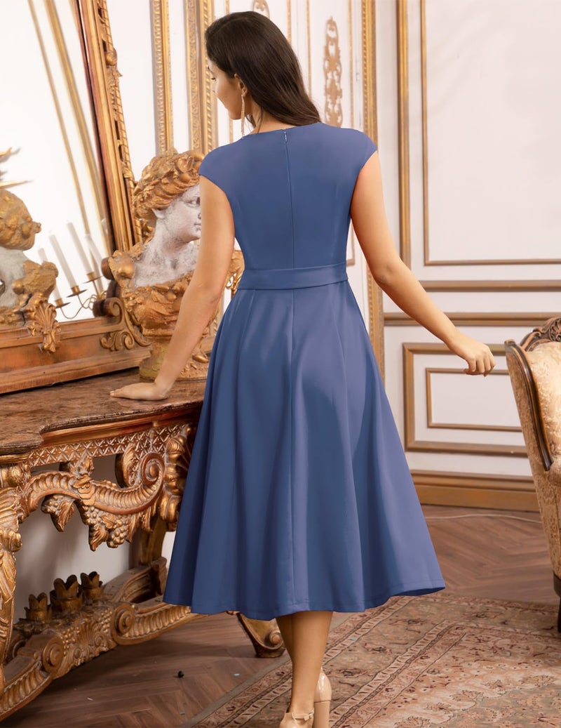 DRESSTELLS Women's Coctail Dresses for Formal Wedding Guest Church Bridesmaid, Spring Easter Summer Tea Party Aline Knee Length Work Dress Greyblue M - Image 5