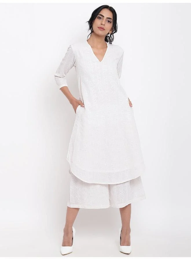 trueBrowns White Dobby Kurta Set