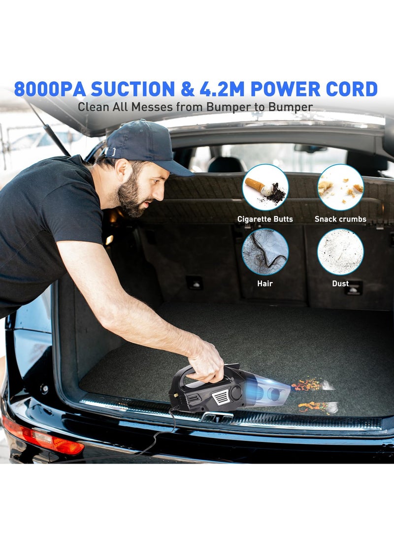 Hihonor 2 in 1 Handheld Vacuum Cleaner Portable Air Compressor, 8KPa Car Vacuum Cleaner 100PSI Tire Inflator 14FT Cord with Tire Pressure Gauge Display with LED Car Accessories - Image 3