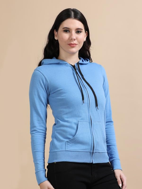 Wafaa Women's Cotton Plain Hooded Neck Full Zipper Sky Blue Color Regular Fit Sweatshirt Hoodies with Kangaroo Pocket Large Size - Image 5