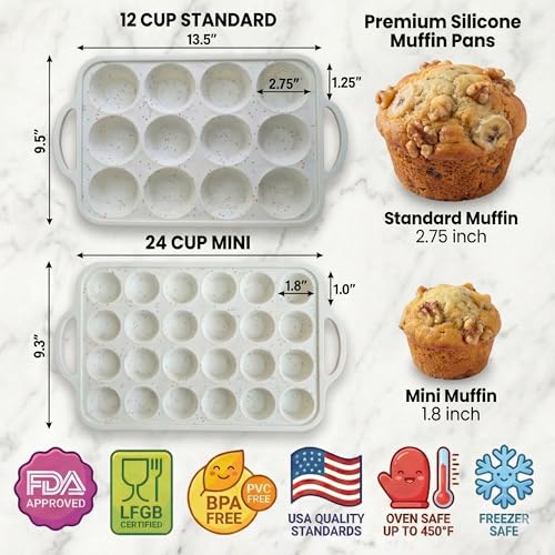 BAKE BOSS 2Pack Silicone Muffin Pan Set Regular 12 Cup Mini 24Cup Silicone Muffin Pans for Baking Nonstick Silicone Cupcake Pan with MetalReinforced Handles BPAFree DishwasherSafe Cream - Image 3