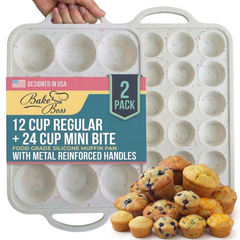 BAKE BOSS 2Pack Silicone Muffin Pan Set Regular 12 Cup Mini 24Cup Silicone Muffin Pans for Baking Nonstick Silicone Cupcake Pan with MetalReinforced Handles BPAFree DishwasherSafe Cream - Image 2