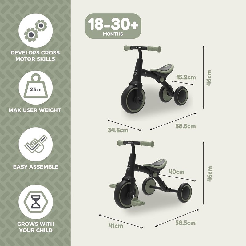 ZOOMEE Balance Bike to Trike, 2-in-1 Ride On Tricycle for Toddlers, With Adjustable Seat and Removable Pedals, Indoor & Outdoor Use, Ages 18 Months+, Forest Green, Develops Confidence & Motor Skills - Image 5