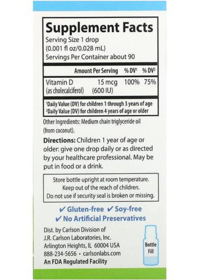 Carlson - Kid's Super Daily D3, 600 IU (15 mcg) Per Drop, 2.54 ml - Image 1