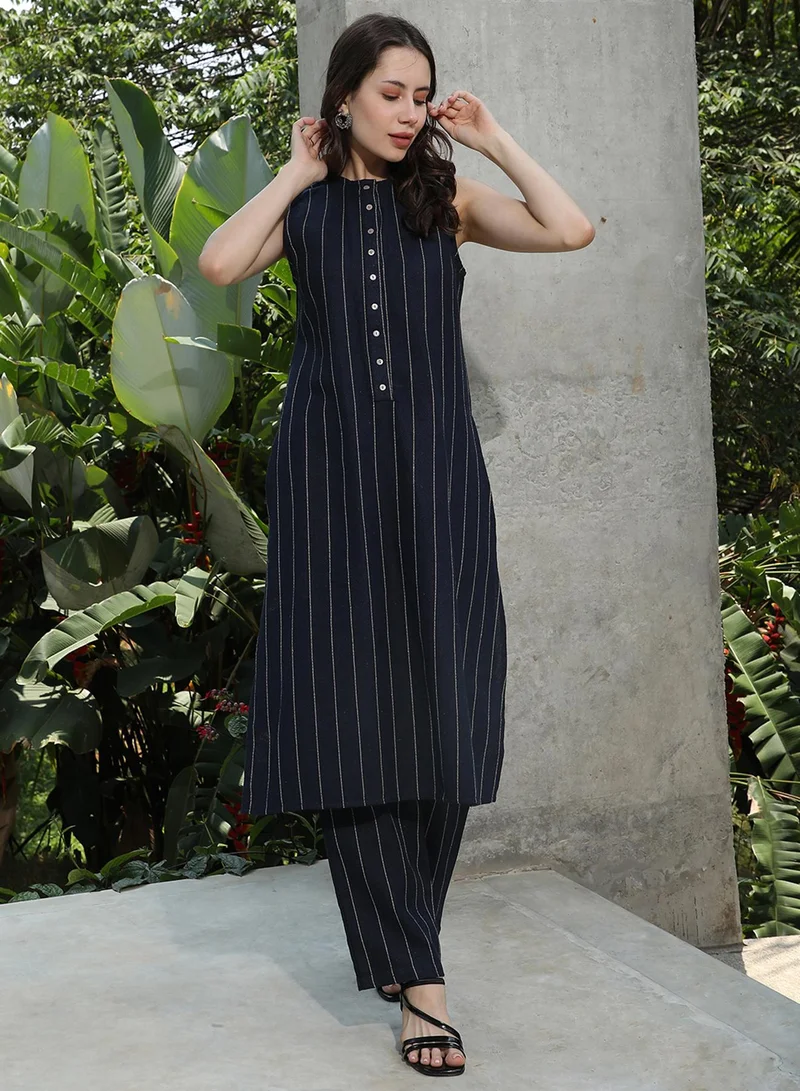 QISSA Women's Navy Blue Simplicity Striped Kurta Set