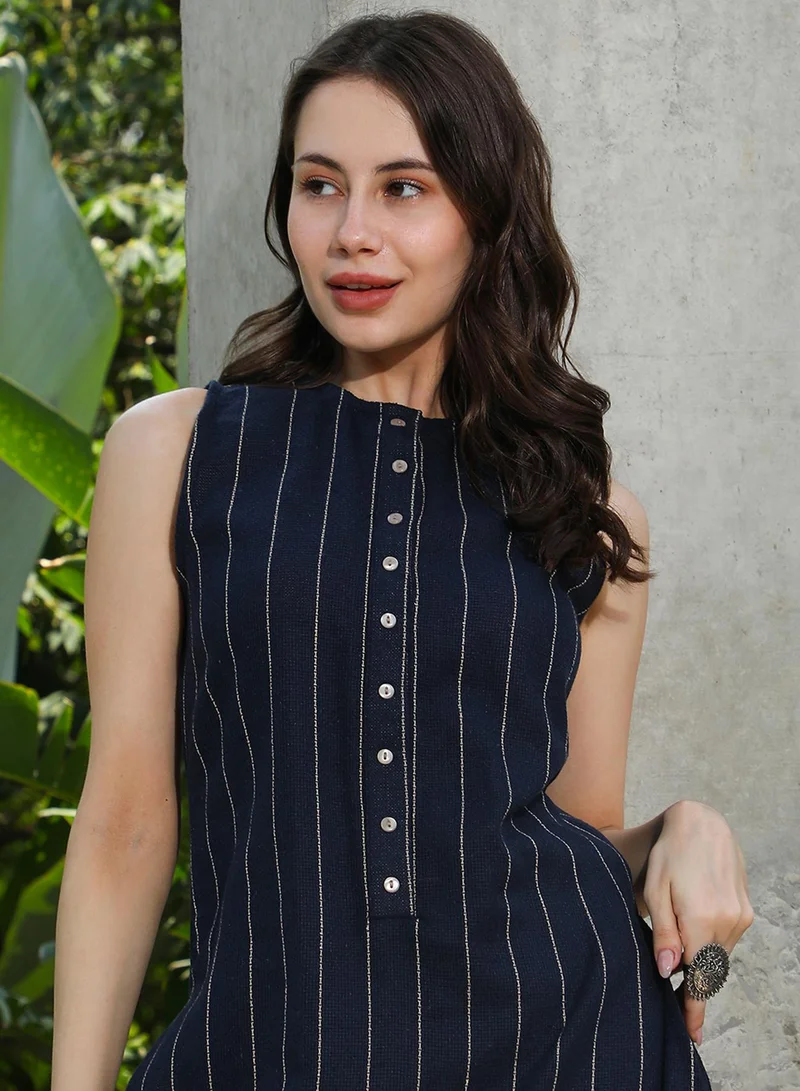 QISSA Women's Navy Blue Simplicity Striped Kurta Set