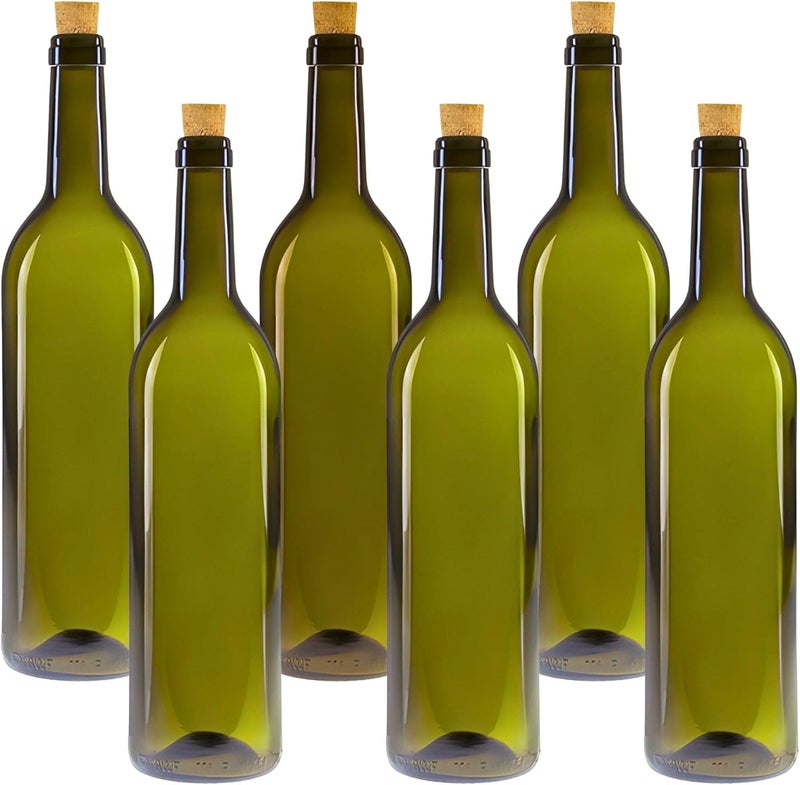 ميكين 6 Glass Bottles 750 ml Oil Bottles Green with Corks and Labels - Image 1