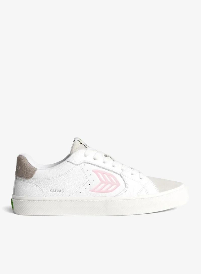 SALVAS White Premium Leather Vintage White Suede Rose Logo Sneaker