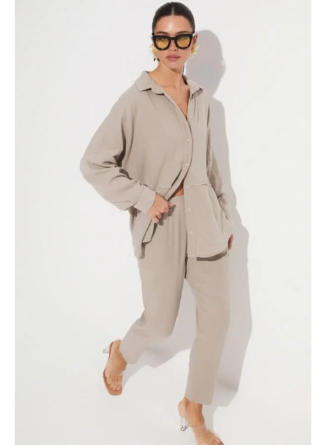 جون June Shirt Trousers Set Mink