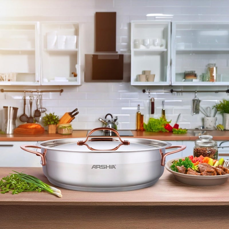 Arshia Stainless Steel Double Handle Shallow Pan with 2 Lids, 28 cm - Image 4