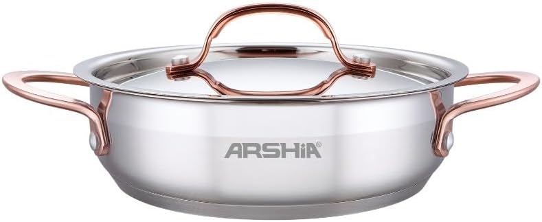 Arshia Stainless Steel Double Handle Shallow Pan with 2 Lids, 28 cm - Image 1