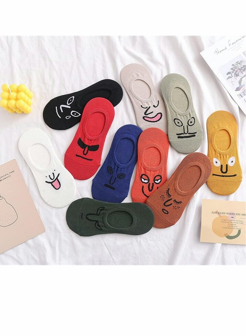 SOLARAE Socks Female Ins Tide Short Spring And Summer Cotton Short Boat Socks Invisible Shallow Mouth Personality Funny Expression Socks 10 Pair - Image 2