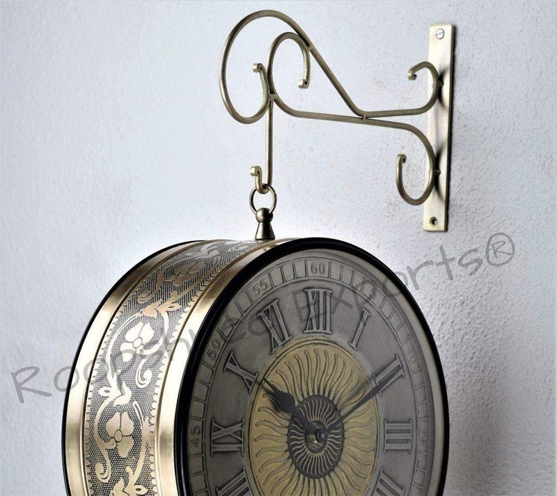Vintage Clock Handcrafted Metal Artistic Sun Design Brass Finish And German Silver Numbers Railway Station Double Side Clock (10 Inches, 25 Cm), Analog - Image 3