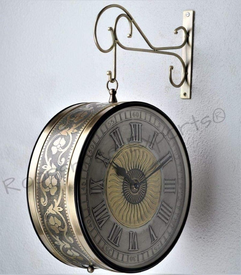 Vintage Clock Handcrafted Metal Artistic Sun Design Brass Finish And German Silver Numbers Railway Station Double Side Clock (10 Inches, 25 Cm), Analog - Image 1