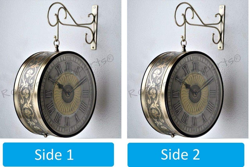 Vintage Clock Handcrafted Metal Artistic Sun Design Brass Finish And German Silver Numbers Railway Station Double Side Clock (10 Inches, 25 Cm), Analog - Image 2