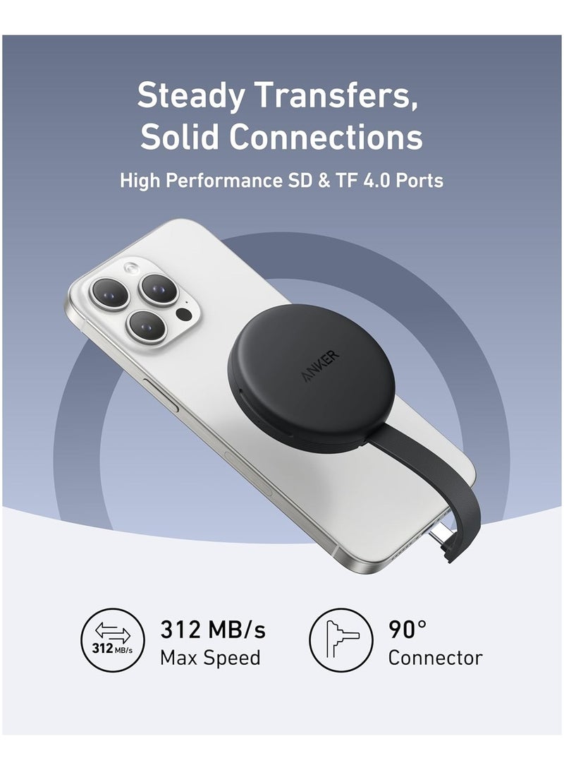 Anker MagGo USB-C Adapter, SD Card Reader for iPhone 17 Series, Portable Magnetic Memory Card Reader with Built-in Cable, Dual Slot for SDAndTF Card, 312MB/s Max Data Transfer for USB C Devices(Black) - Image 3