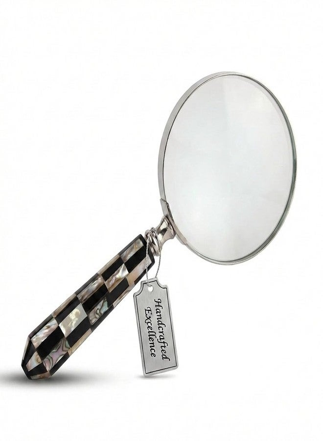 storeindya Store Indya Handheld Magnifier - Artistically Handcrafted Round Mother of Pearl Handle, Lightweight and Comfortable Grip, Classic Vintage Design, Great for Reading, 9" Length 4" Lens Diameter - Image 1
