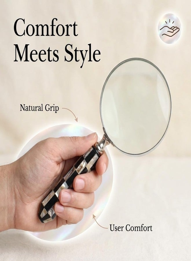 storeindya Store Indya Handheld Magnifier - Artistically Handcrafted Round Mother of Pearl Handle, Lightweight and Comfortable Grip, Classic Vintage Design, Great for Reading, 9" Length 4" Lens Diameter - Image 4