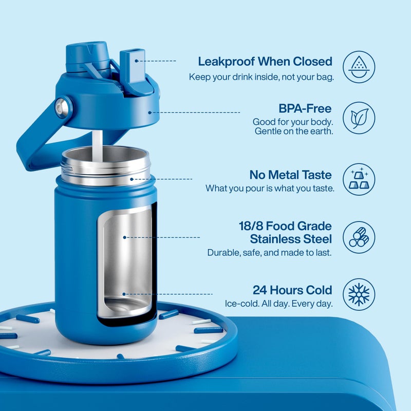 ENCOOL Kids Insulated Water Bottle with Straw - 12oz Stainless Steel Water Bottle with Dual Spouts, Leak-Proof, BPA-Free, Double Wall Vacuum Keeps Cold for 24 Hours for Sports, Travel, School (Celtic Blue) - Image 5