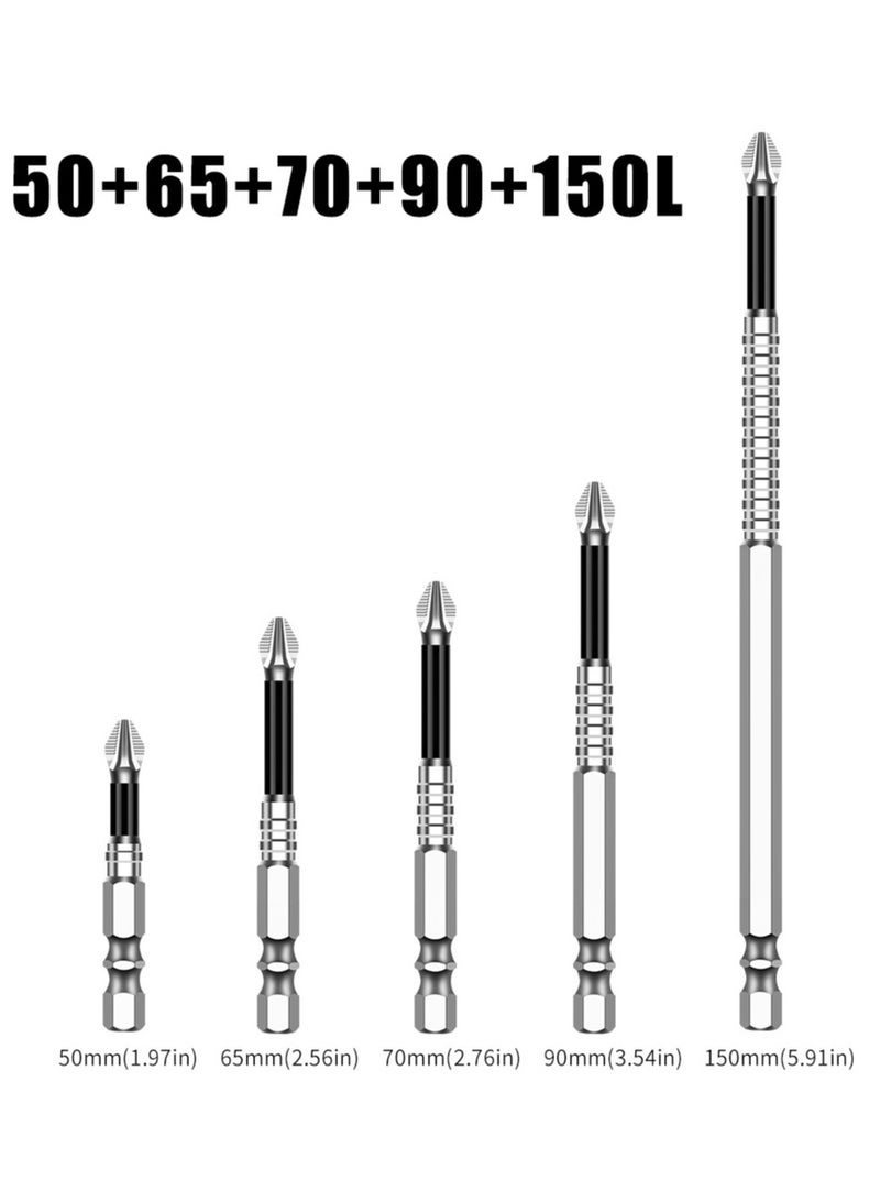 5PCS Magnetic Screwdriver Bit Set 5pcs Anti Slip Screwdriver Bits Set 1/4 Inch Hex Shank S2 Steel Phillips Cross Slot PH2 Screwdriver Bits Mixed Length(50MM/65MM/70MM/90MM/150MM)  - Image 1