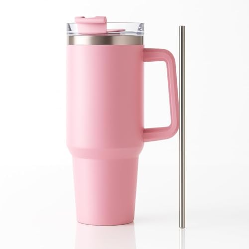 KRySt Stainless Steel Insulated Tumbler with Handle and Straw – Reusable Travel Mug for Hot and Cold Beverages, Double Wall Vacuum Cup for Office, Home, and Outdoor Use (Pink) - Image 1