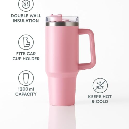 KRySt Stainless Steel Insulated Tumbler with Handle and Straw – Reusable Travel Mug for Hot and Cold Beverages, Double Wall Vacuum Cup for Office, Home, and Outdoor Use (Pink) - Image 2