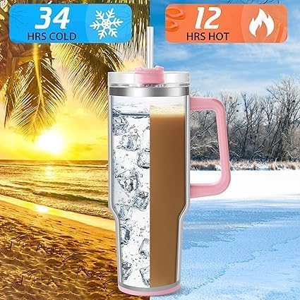 KRySt Stainless Steel Insulated Tumbler with Handle and Straw – Reusable Travel Mug for Hot and Cold Beverages, Double Wall Vacuum Cup for Office, Home, and Outdoor Use (Pink) - Image 4