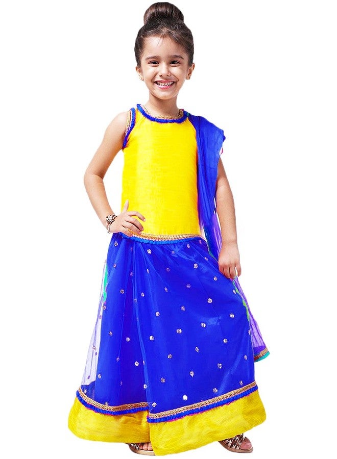 HIBA Designer Lehenga Choli With Sequence Satin Booti Duptta Beautiful Readymade Lehenga Of Cut Pattern Sleeves In Blue-Yellow Color For Baby Girl Of 6 To 12 Months - Image 1