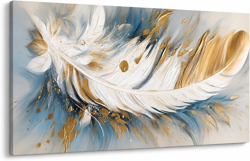 ARS Luxury Feather Canvas Wall Art  Modern 3D Texture Gold Leaf & Light Blue Oil Painting Style Print, Elegant White Plume Picture for Living Room, Majlis, Bedroom Decoration - Image 1